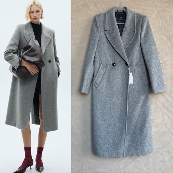MANGO NWT Gray Lapels Wool Trench Coat Oversized Double Breasted Long Wool Coat - Picture 14 of 14